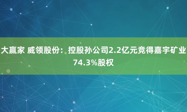 大赢家 威领股份：控股孙公司2.2亿元竞得嘉宇矿业74.3%股权